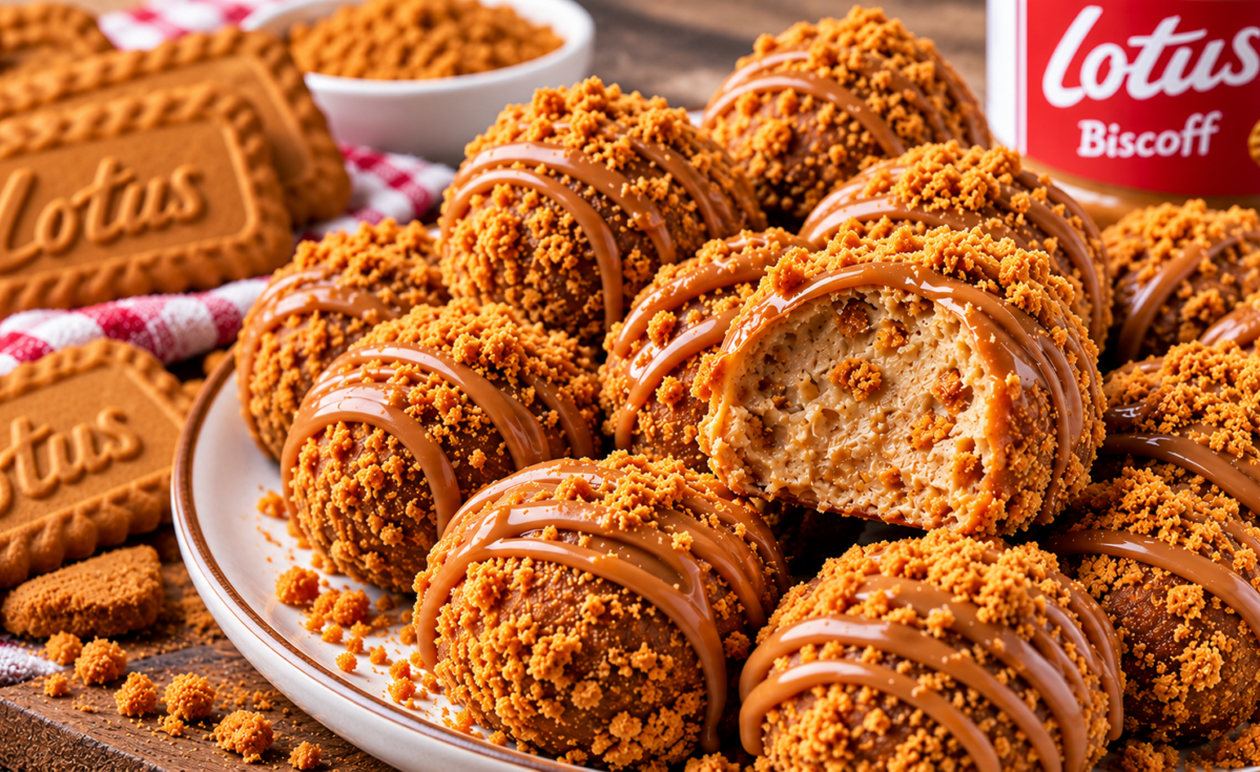 Σπιτικά τρουφάκια Lotus Biscoff χωρίς ψήσιμο, με επικάλυψη τριμμένου μπισκότου και καραμελένιας πραλίνας, με ένα κομμένο τρουφάκι που αποκαλύπτει την κρεμώδη γέμιση